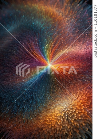 Abstract image of a magnificent array of miniature, iridescent particles, delicately arranged to form a mesmerizing pattern of kaleidoscopic colors. Vivid chromatic nanotechnology background. Abstract image of a magnificent array of miniature, iridescent particles, delicately arranged to form a mesmerizing pattern of kaleidoscopic colors. Vivid chromatic nanotechnology background. 110181377