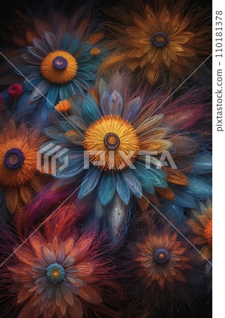 Abstract image of a magnificent array of miniature, iridescent particles, delicately arranged to form a mesmerizing pattern of kaleidoscopic colors. Vivid chromatic nanotechnology background. Abstract image of a magnificent array of miniature, iridescent particles, delicately arranged to form a mesmerizing pattern of kaleidoscopic colors. Vivid chromatic nanotechnology background. 110181378