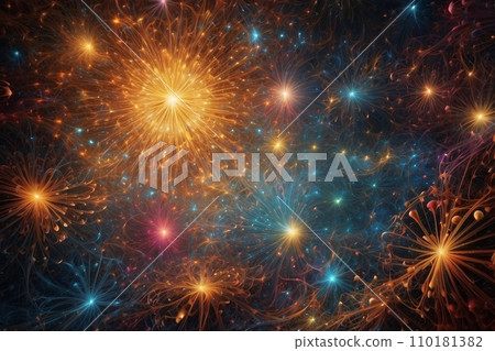 Abstract image of a magnificent array of miniature, iridescent particles, delicately arranged to form a mesmerizing pattern of kaleidoscopic colors. Vivid chromatic nanotechnology background. 110181382