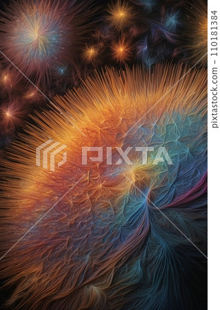 Abstract image of a magnificent array of miniature, iridescent particles, delicately arranged to form a mesmerizing pattern of kaleidoscopic colors. Vivid chromatic nanotechnology background. Abstract image of a magnificent array of miniature, iridescent particles, delicately arranged to form a mesmerizing pattern of kaleidoscopic colors. Vivid chromatic nanotechnology background. 110181384