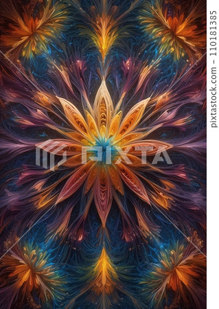 Abstract image of a magnificent array of miniature, iridescent particles, delicately arranged to form a mesmerizing pattern of kaleidoscopic colors. Vivid chromatic nanotechnology background. Abstract image of a magnificent array of miniature, iridescent particles, delicately arranged to form a mesmerizing pattern of kaleidoscopic colors. Vivid chromatic nanotechnology background. 110181385