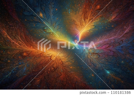 Abstract image of a magnificent array of miniature, iridescent particles, delicately arranged to form a mesmerizing pattern of kaleidoscopic colors. Vivid chromatic nanotechnology background. Abstract image of a magnificent array of miniature, iridescent particles, delicately arranged to form a mesmerizing pattern of kaleidoscopic colors. Vivid chromatic nanotechnology background. 110181386