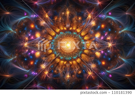 Abstract image of a magnificent array of miniature, iridescent particles, delicately arranged to form a mesmerizing pattern of kaleidoscopic colors. Vivid chromatic nanotechnology background. 110181390