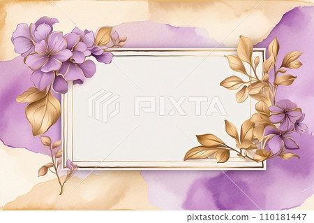Purple and gold background for a menu with a minimalist and vintage style with ample blank space for text and descriptions. Watercolor style. Background for party, birthday, wedding or graduation. 110181447