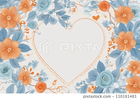 Background for party, birthday, wedding or graduation invitation in white color with floral frame with colorful decorations in soft art style.  110181481