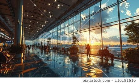 Transit Tranquility Experience the Beauty of Sunset Behind the Mirrored Reflections in an Airport Terminal Transit Tranquility Experience the Beauty of Sunset Behind the Mirrored Reflections in an Airport Terminal 110181610