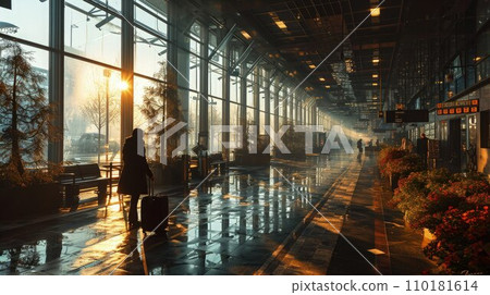 Transit Radiance Sunset Ambiance Behind Mirrored Glass Creates a Tranquil Airport Connection Experience 110181614