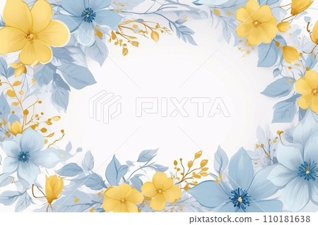 Background for party, birthday, wedding or graduation invitation in white color with floral frame with colorful decorations in soft art style.  110181638