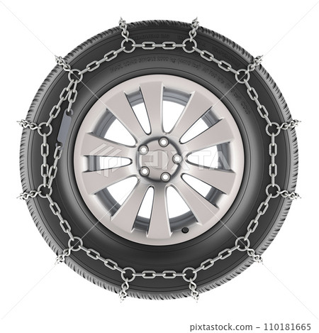 Car wheel with winter tire and snow chain, 3D rendering 110181665