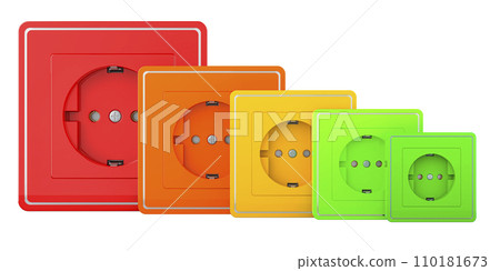 Energy efficiency chart from electric sockets. Saving energy consumption concept, row from electric outlets. 3D rendering Energy efficiency chart from electric sockets. Saving energy consumption concept, row from electric outlets. 3D rendering 110181673