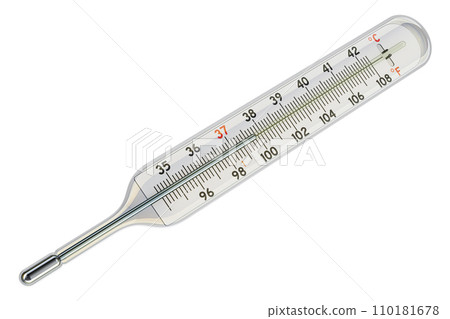 Medical, clinical mercury thermometer showing the temperature in Fahrenheit and Celsius scales, 3D rendering Medical, clinical mercury thermometer showing the temperature in Fahrenheit and Celsius scales, 3D rendering 110181678