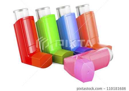 Set of colored metered-dose inhalers, 3D rendering Set of colored metered-dose inhalers, 3D rendering 110181686