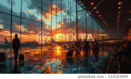 Airborne Ambiance People Buzzing Around a Busy Terminal, Airplanes Glimpsed Through Terminal Windows Enhance the Travel Scene Airborne Ambiance People Buzzing Around a Busy Terminal, Airplanes Glimpsed Through Terminal Windows Enhance the Travel Scene 110181694