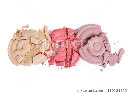 Pink Blusher and Face Powder. Shimmering bright palette of Face Cosmetics Make up. Craked texture of round blusher against white background. 110181833