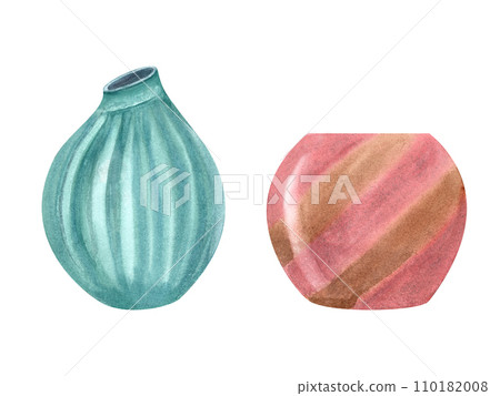 Watercolor empty ceramic matte vases. Pots for plants, flowers. Multicolored clay jug, earthen, crockery, porcelain for houseplants. Watercolor illustration isolated on white 110182008