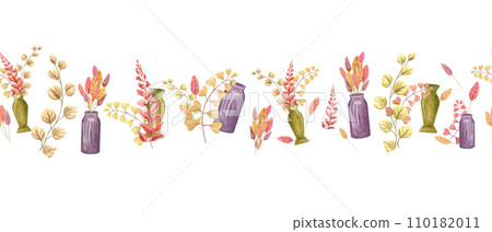 Floral bouquet in yellow ceramic pot. Stylish dried plants. Indoor gardening. Meadow herbs in vase for interior decor. Seamless border. Watercolor illustration isolated on white 110182011