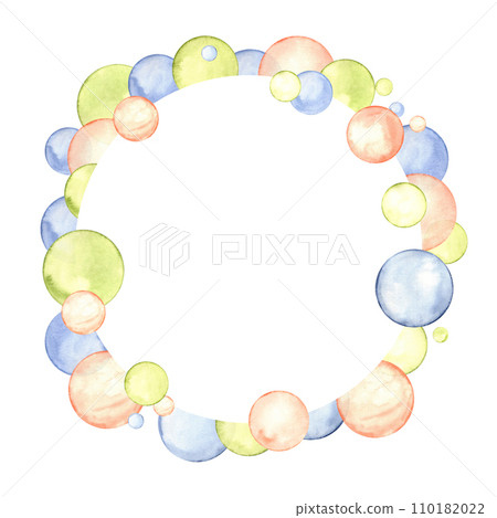 Circle in soft pastel colors. Creative minimalist style. Simple circle frame. Splashes, polka dot, bubbles, round doodle spots, brush strokes, stains. Watercolor illustration isolated on white. Circle in soft pastel colors. Creative minimalist style. Simple circle frame. Splashes, polka dot, bubbles, round doodle spots, brush strokes, stains. Watercolor illustration isolated on white. 110182022