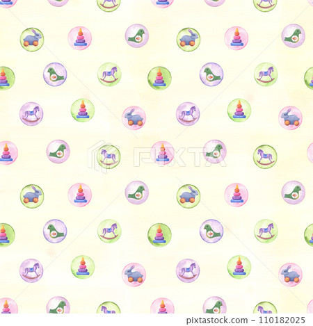 Abstract polka dot with kid toys. Seamless pattern. Rabbit, hobbyhorse, pyramid, bird made of wood. Circle in soft pastel colors. Creative minimalist style. Watercolor illustration isolated on yellow. 110182025