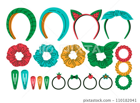 Cartoon hair accessories. Doodle woman headbands, hair tie, hair hoops, elastic bands and scrunchies. Hair accessory vector cartoon illustration set Cartoon hair accessories. Doodle woman headbands, hair tie, hair hoops, elastic bands and scrunchies. Hair accessory vector cartoon illustration set 110182041