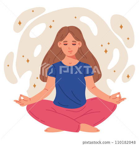 Cartoon meditating woman. Female character sitting in yoga lotus pose, becalmed human meditating. Stress relief and meditation flat vector illustration Cartoon meditating woman. Female character sitting in yoga lotus pose, becalmed human meditating. Stress relief and meditation flat vector illustration 110182048
