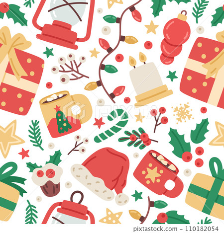 Christmas holiday elements seamless pattern. Winter holidays decorative gifts boxes, fir tree toys and hot drink cups vector background illustration. Xmas and New Year festive pattern Christmas holiday elements seamless pattern. Winter holidays decorative gifts boxes, fir tree toys and hot drink cups vector background illustration. Xmas and New Year festive pattern 110182054