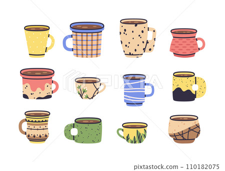 Doodle coffee or tea cups. Modern decorated crockery, ceramic or porcelain hot drinks mugs. Cute hand drawn cups vector flat illustration set 110182075