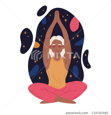 Doodle meditating girl. Female character relief stress in yoga lotus pose, becalmed human meditating concept. Tranquility, calm and meditation flat vector illustration Doodle meditating girl. Female character relief stress in yoga lotus pose, becalmed human meditating concept. Tranquility, calm and meditation flat vector illustration 110182085