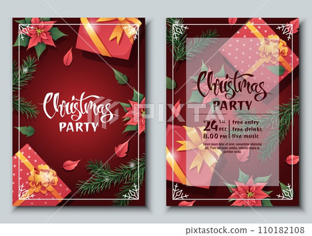 Set of festive Christmas party invitation templates. Flyer, poster with gift box, fir branch and poinsettia. Merry Christmas and Happy New Year. 110182108