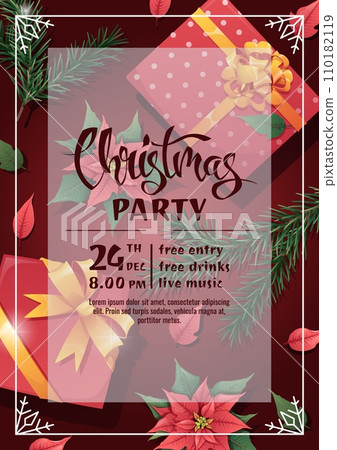 Christmas party invitation template design. Flyer, poster with gift box, fir branch and poinsettia. Merry Christmas and Happy New Year 110182119
