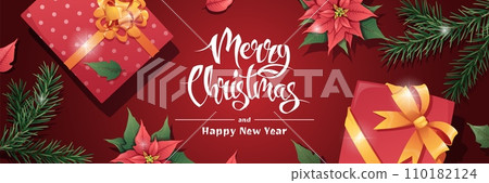 Horizontal banner with Christmas greetings. Flyer, poster with gift box, fir branch and poinsettia. Merry Christmas and Happy New Year 110182124