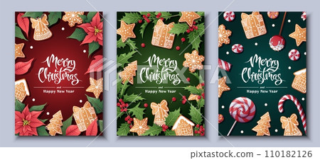 Merry Christmas Holiday cards, flyers and invitations. Festive background with holly, berries, poinsettia decorated with gingerbread. Merry Christmas and New Year 110182126