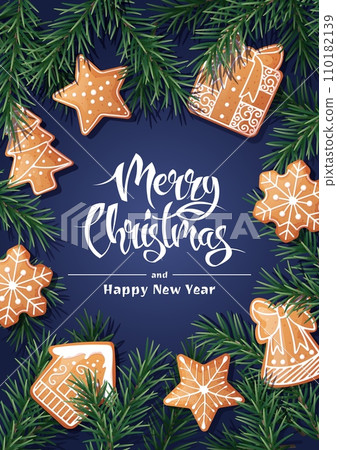 Merry Christmas Holiday card, flyer and invitation. Festive background with fir branches, decorated with gingerbread. Merry Christmas and New Year 110182139