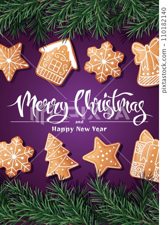 Merry Christmas Holiday card, flyer and invitation. Festive background with fir branches, decorated with gingerbread. Merry Christmas and New Year Merry Christmas Holiday card, flyer and invitation. Festive background with fir branches, decorated with gingerbread. Merry Christmas and New Year 110182140