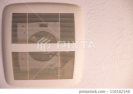 Bathroom vent fan with cover on the ceiling. Bathroom vent fan with cover on the ceiling. 110182148
