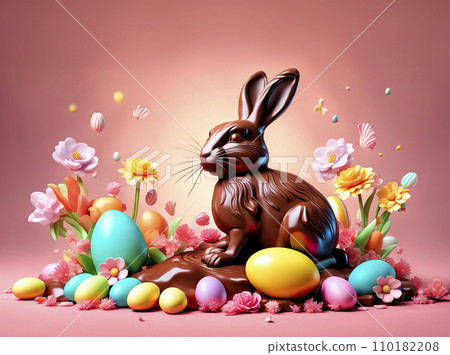 3D Chocolate Easter bunny decorated with spring flowers and color eggs. Easter greeting card 110182208