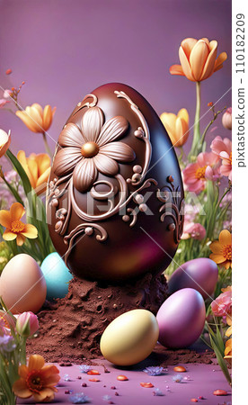 3D Chocolate Easter egg decorated with spring flowers. Easter greeting card 110182209