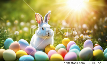 Easter rabbit in meadow with easter eggs in the fresh,green spring landscape. 110182210