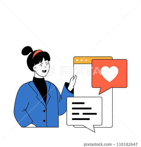 Social media concept with cartoon people in flat design for web. Woman making new post in online blog, getting comments and likes. Vector illustration for social media banner, marketing material. Social media concept with cartoon people in flat design for web. Woman making new post in online blog, getting comments and likes. Vector illustration for social media banner, marketing material. 110182647