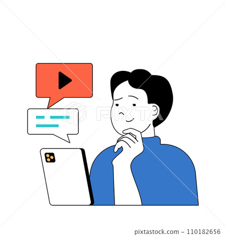Social media concept with cartoon people in flat design for web. Man watching video at mobile app and commenting, chatting online. Vector illustration for social media banner, marketing material. Social media concept with cartoon people in flat design for web. Man watching video at mobile app and commenting, chatting online. Vector illustration for social media banner, marketing material. 110182656