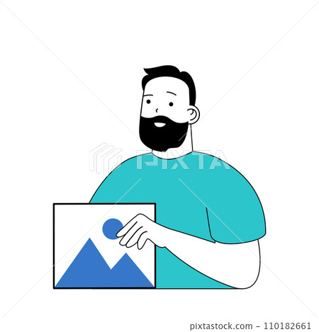 Social media concept with cartoon people in flat design for web. Man posts new picture or photo in blog, sharing digital content. Vector illustration for social media banner, marketing material. 110182661