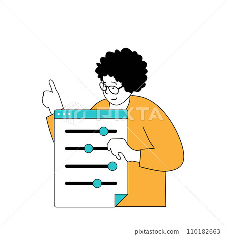 Social media concept with cartoon people in flat design for web. Woman making settings online profile, feeds and personal information. Vector illustration for social media banner, marketing material. 110182663