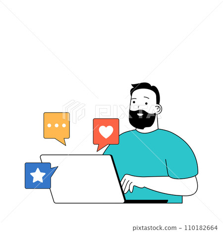 Social media concept with cartoon people in flat design for web. Man networking and chatting, sending messages, commenting and likes. Vector illustration for social media banner, marketing material. 110182664