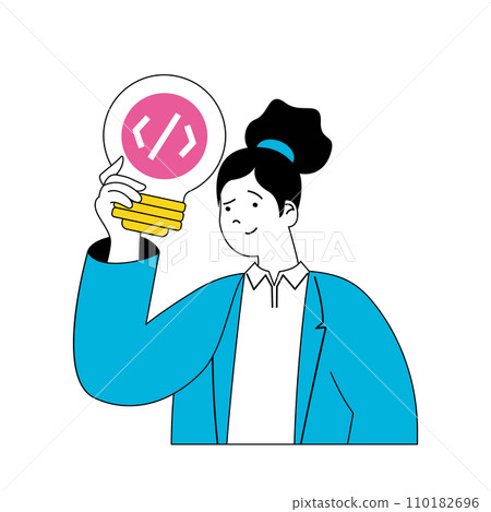 Design development concept with cartoon people in flat design for web. Woman generates ideas for visualization and searching solution. Vector illustration for social media banner, marketing material. Design development concept with cartoon people in flat design for web. Woman generates ideas for visualization and searching solution. Vector illustration for social media banner, marketing material. 110182696