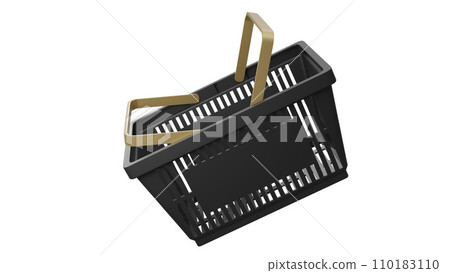 Plastic bag shopping basket with gold handles. Isolated supermarket shopping cart. 110183110
