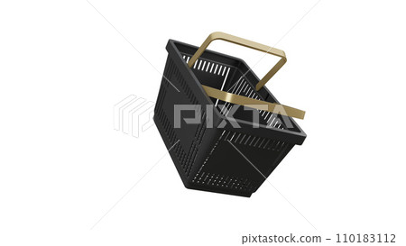 Plastic bag shopping basket with gold handles. Isolated supermarket shopping cart. 110183112