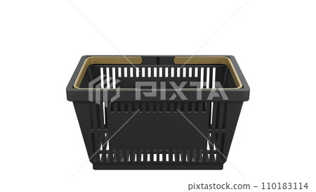 Plastic bag shopping basket with gold handles. Isolated supermarket shopping cart. 110183114