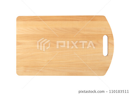 Top view of a wooden cutting board isolated on a white background. 110183511