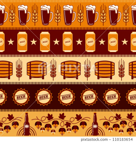 Seamless pattern with scattered beer bottle caps, abstract geometric shapes on white background. Good for branding, decoration of beer package, cover design, decorative print. Simple bauhaus style 110183654