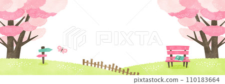 Spring park and cherry blossom background frame relaxing on bench watercolor landscape illustration Spring park and cherry blossom background frame relaxing on bench watercolor landscape illustration 110183664