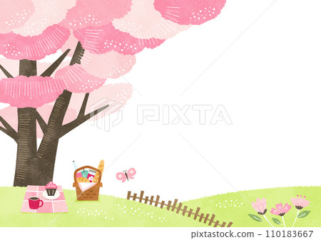 Cherry blossom and cherry blossom viewing background frame Spring picnic watercolor landscape illustration 110183667